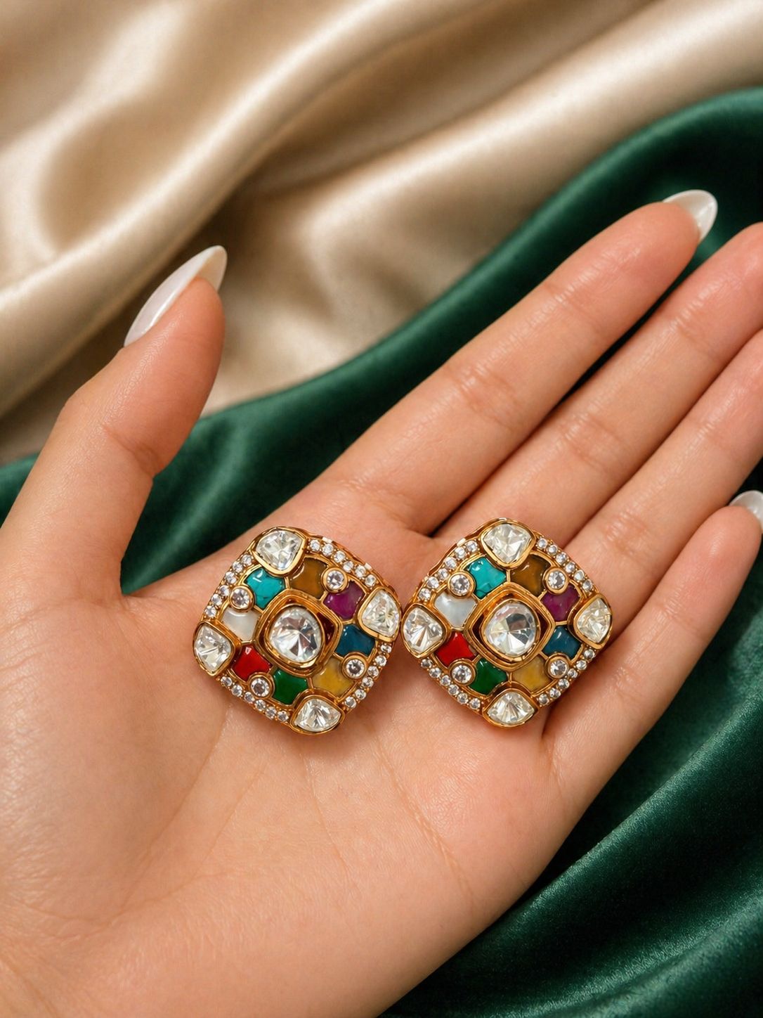 TOJ Everyday - Navratna Polki Square Gold Finish Stud Earrings for Women