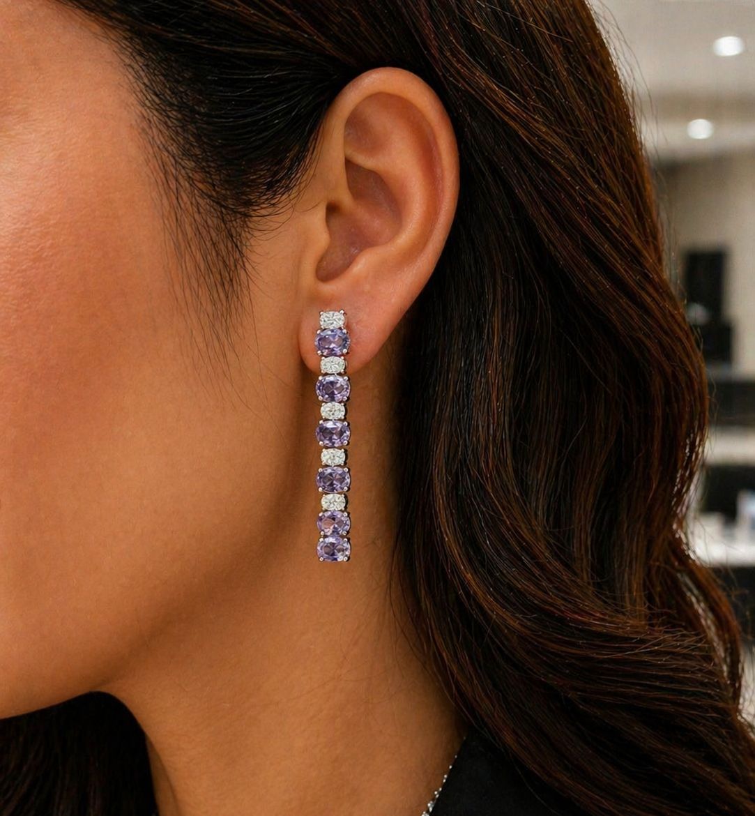 Premium TOJ Everyday - Amethyst and White Oval Diamond Solitaire Classic String Necklace Set with Earrings