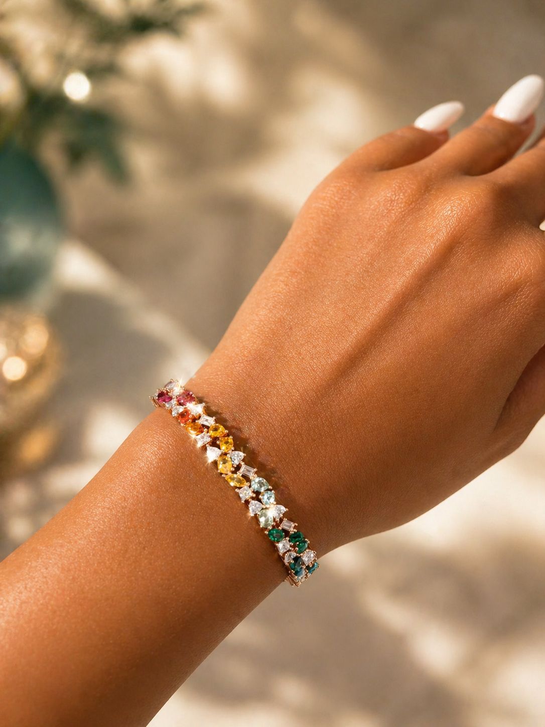 Multi Solitaire Rose Gold Finish Rainbow Tennis Bracelet on Pure 925 Silver