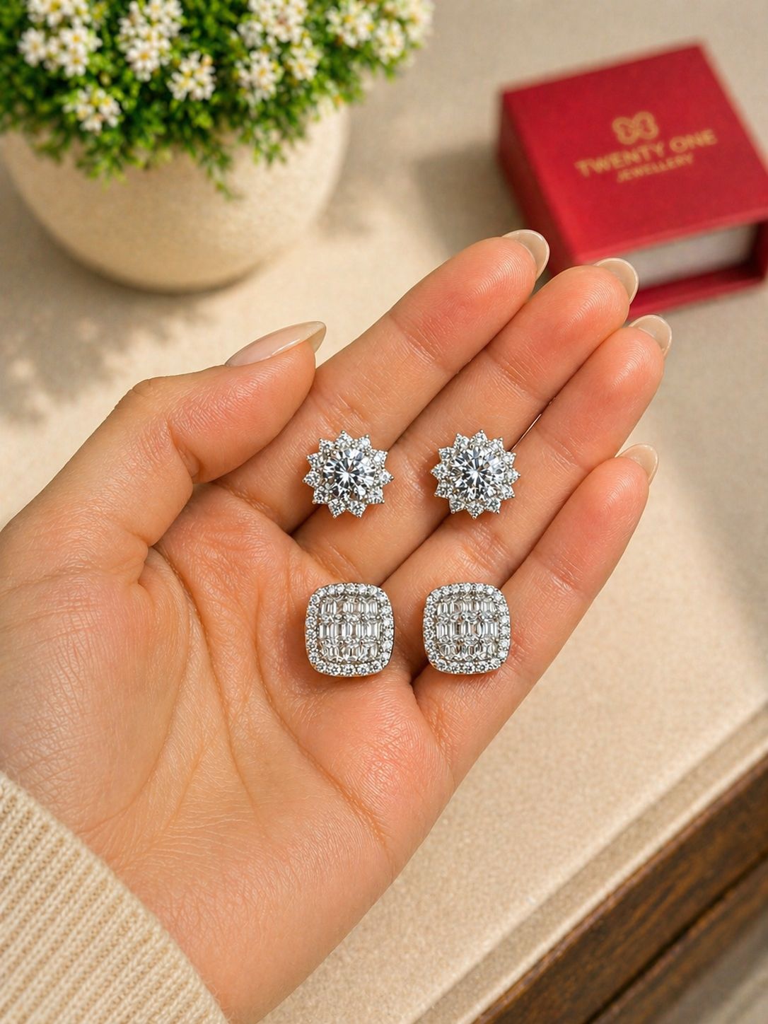 Mother’s Day Combo of Two Pure 925 Silver Stud Earrings -Sunflower Solitaire and Octa Setting Studs