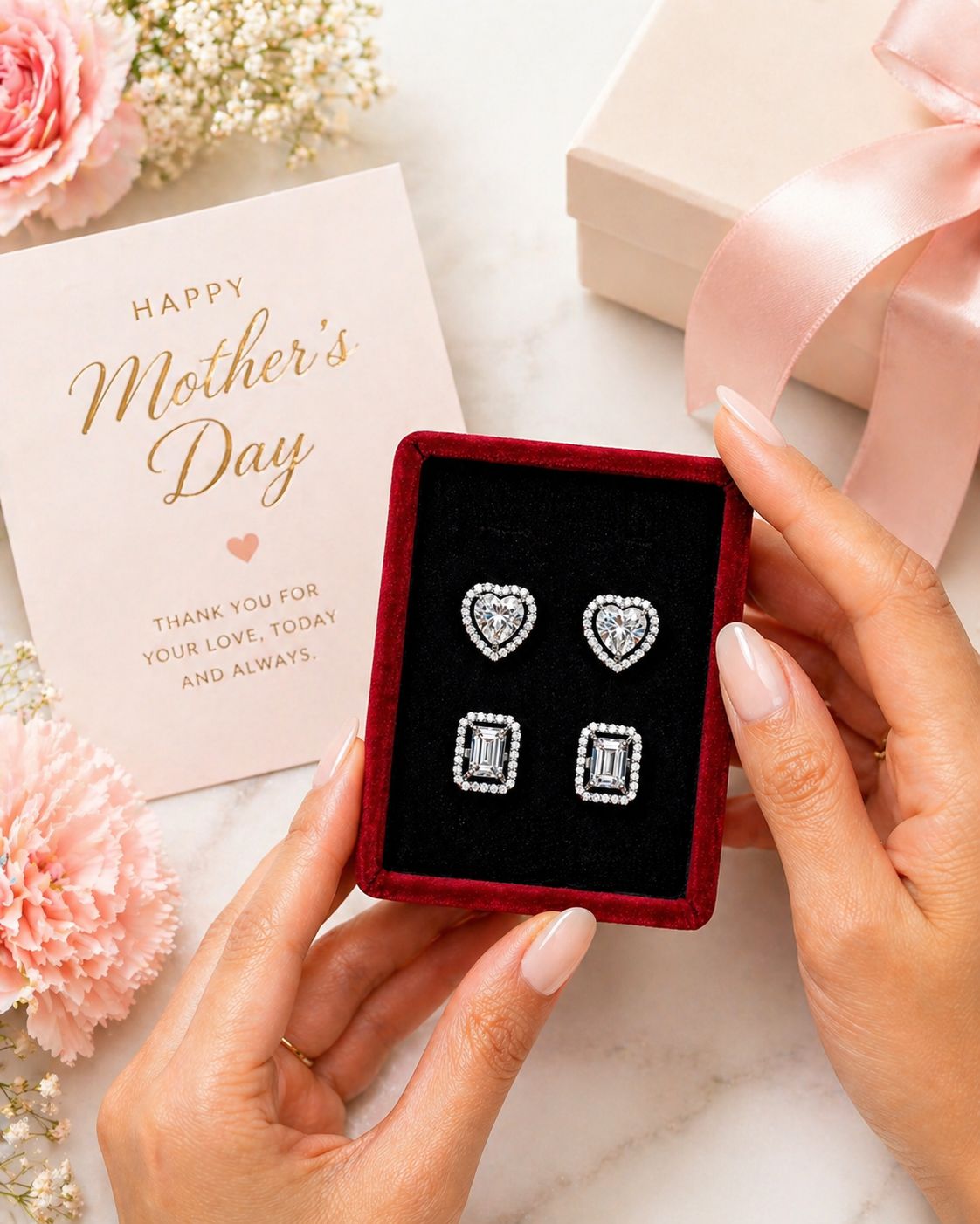 Mother’s Day Combo of Two Pure 925 Silver Premium Screw Back Stud Earrings - Premium Heart Solitaire and Premium Emerald Cut Solitaire Studs
