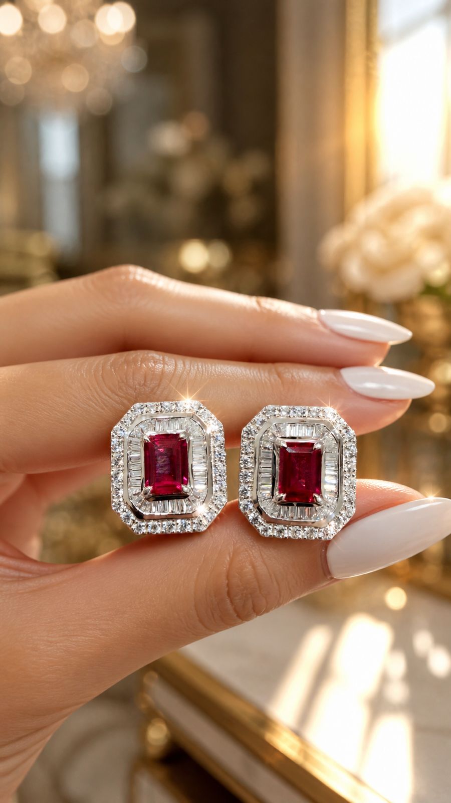 Ultra Premium Ruby and Diamond Statement Stud Earrings with Premium Screw Backs