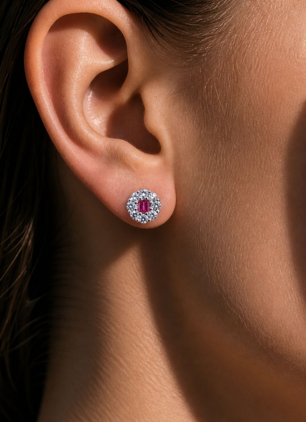 Ultra Premium Petite Ruby Baguette Studs with Round Cut Diamond Cluster on Pure 925 Silver