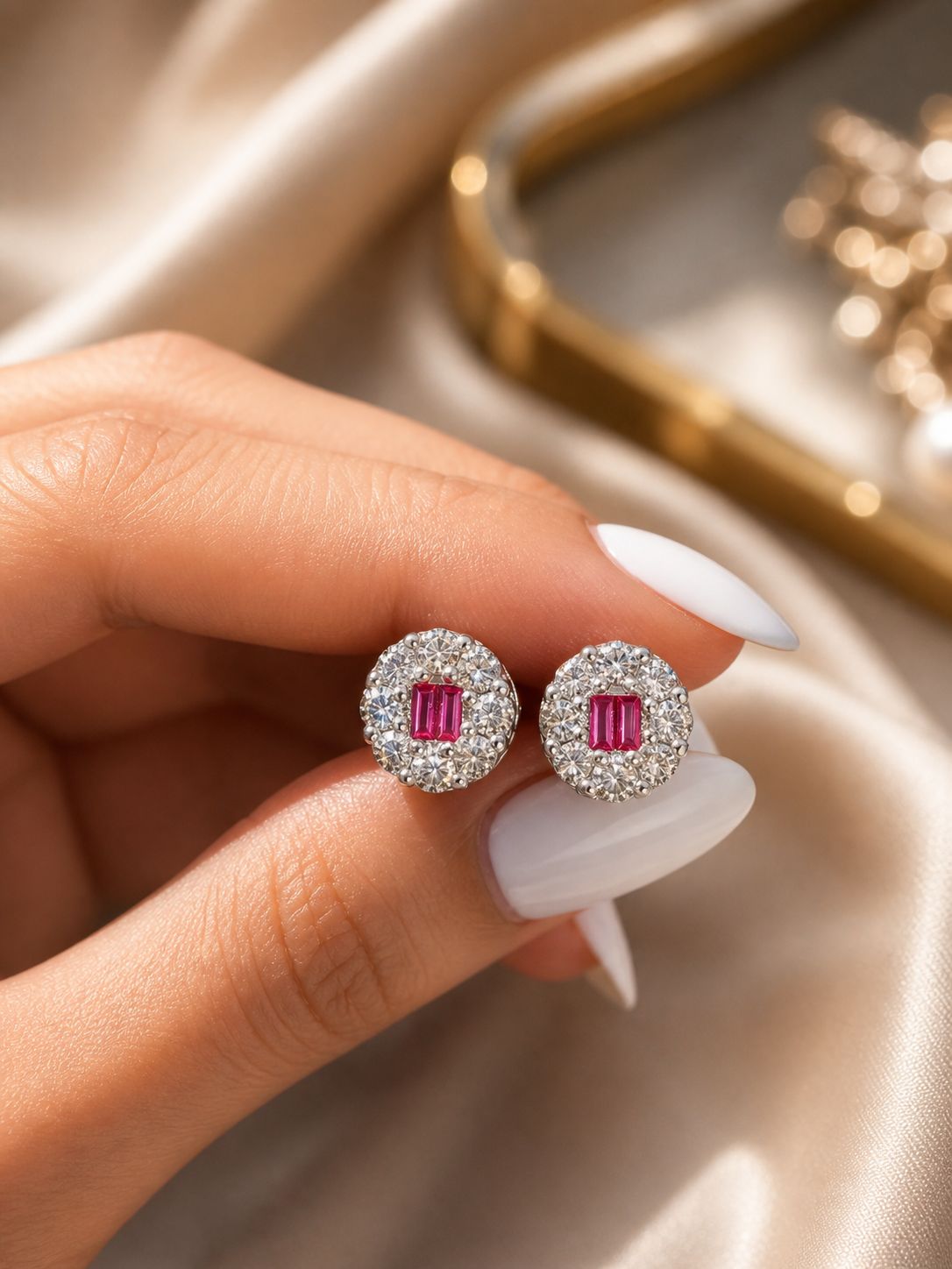 Ultra Premium Petite Ruby Baguette Studs with Round Cut Diamond Cluster on Pure 925 Silver
