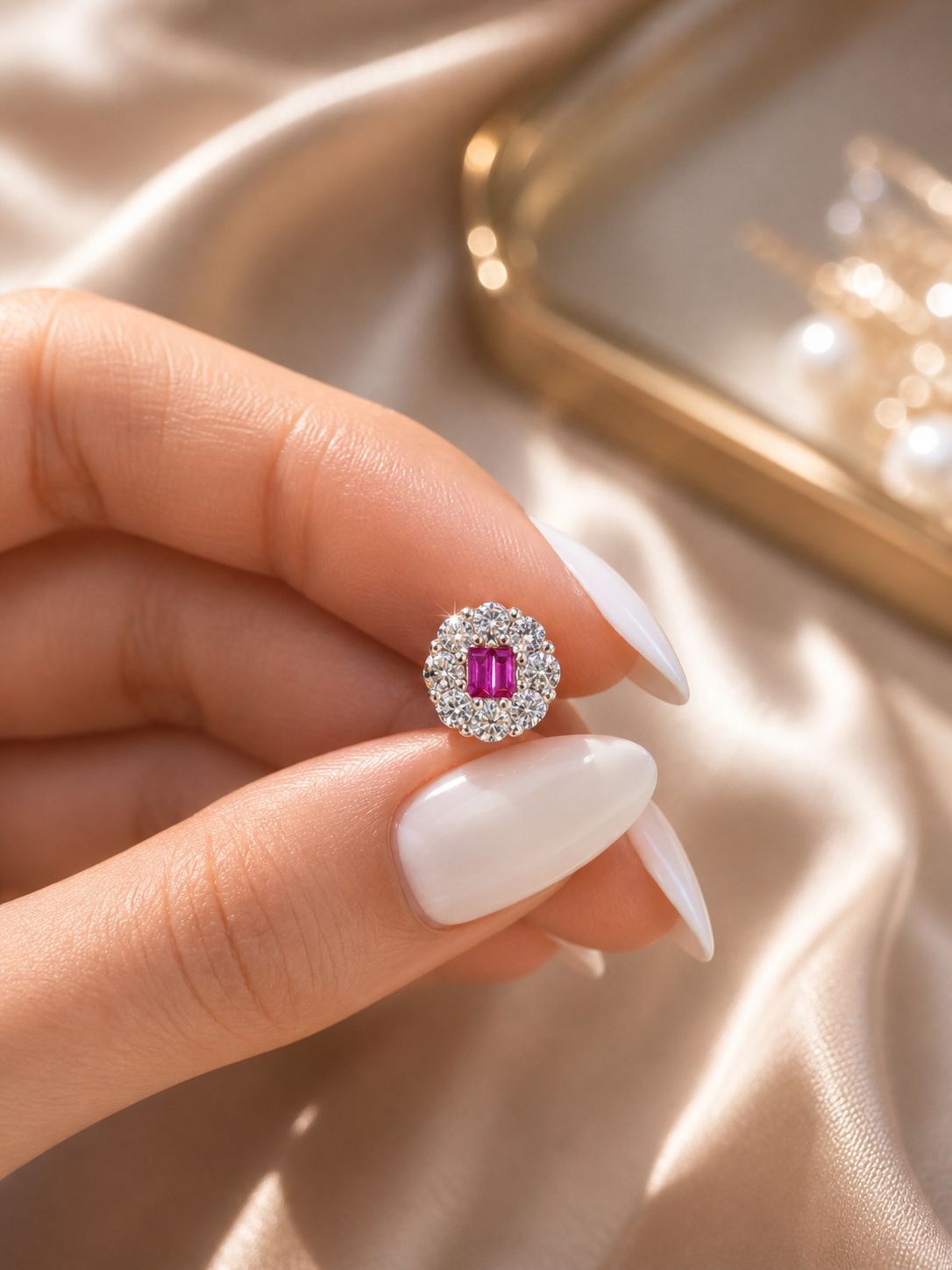 Ultra Premium Petite Ruby Baguette Studs with Round Cut Diamond Cluster on Pure 925 Silver