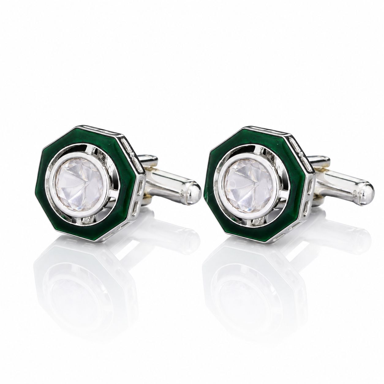 TOJ Everyday - Green Enamel Bezel Setting Diamond White Gold Finish Mens Cufflink