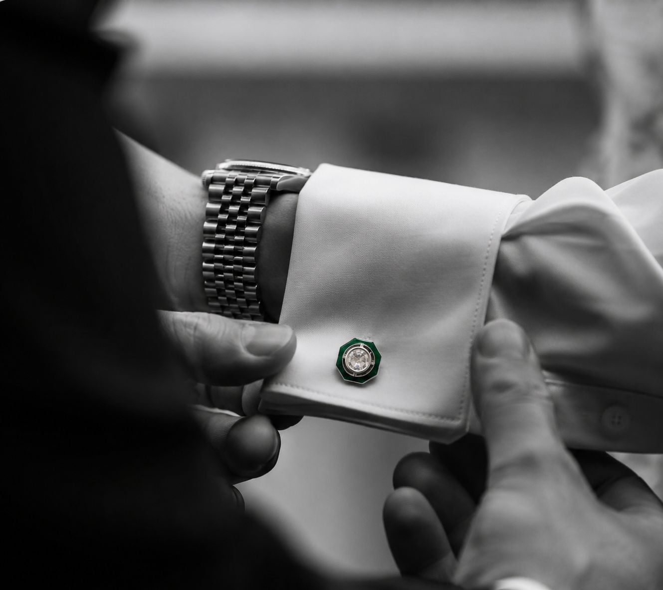 TOJ Everyday - Green Enamel Bezel Setting Diamond White Gold Finish Mens Cufflink