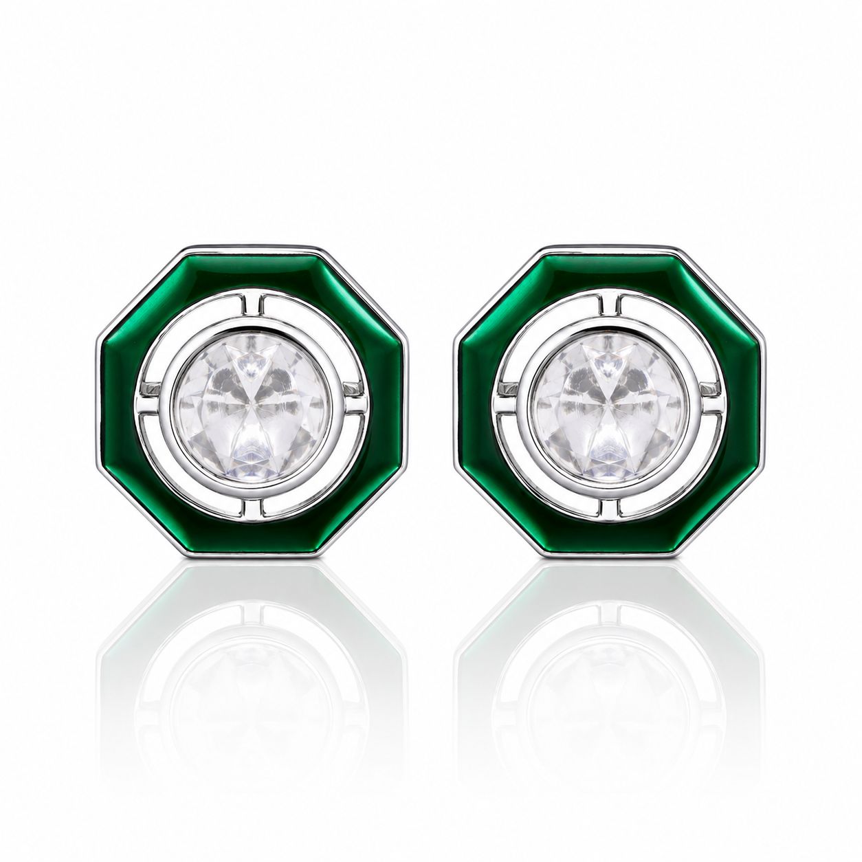 TOJ Everyday - Green Enamel Bezel Setting Diamond White Gold Finish Mens Cufflink
