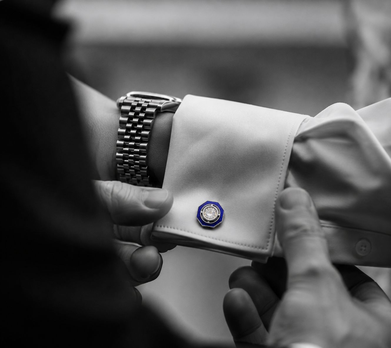 TOJ Everyday - Glazed Blue Enamel Bezel Setting Polki Mens Cufflink Pair