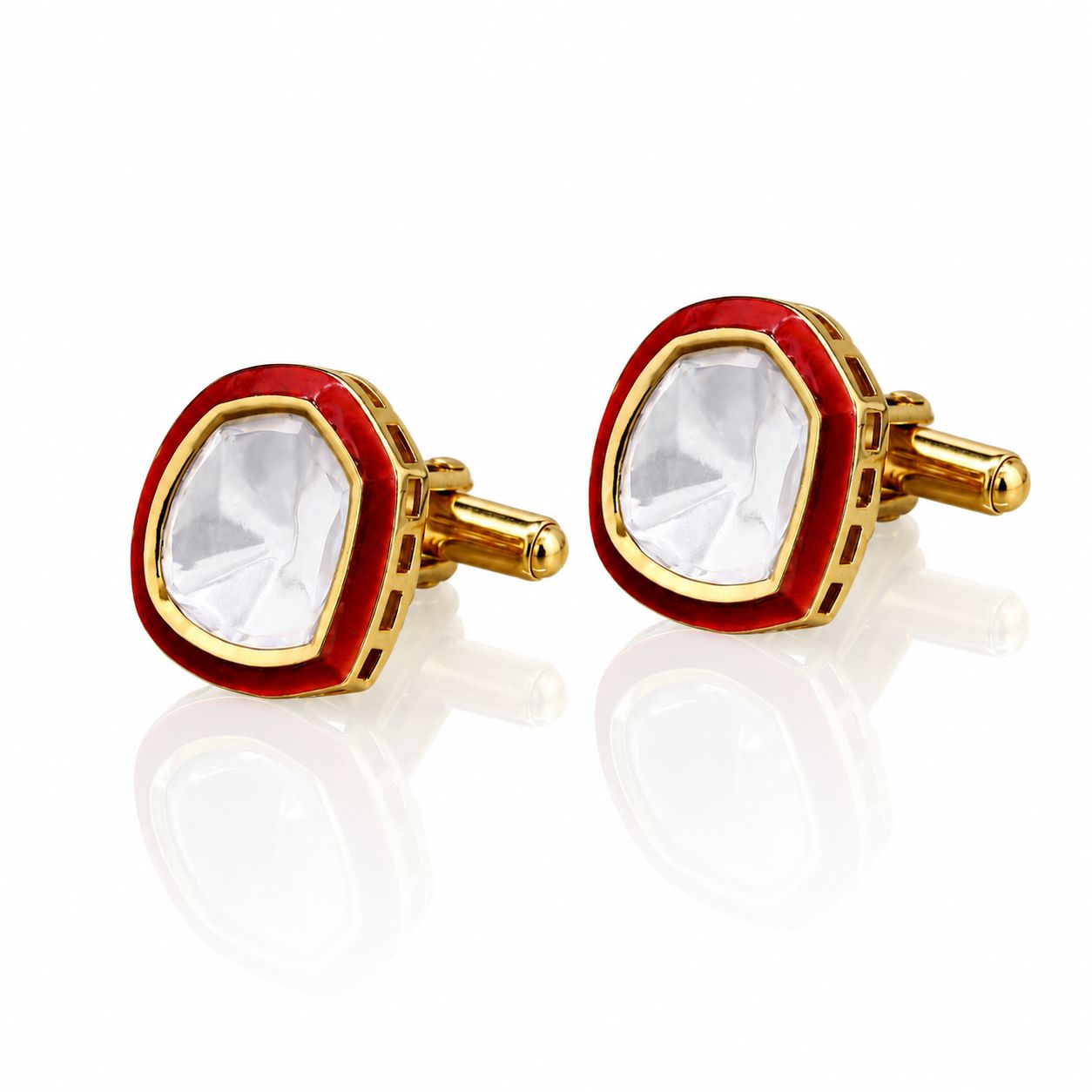 TOJ Everyday - Glazed Red Enamel Gold Finish Polki Diamond Mens Cufflink Pair