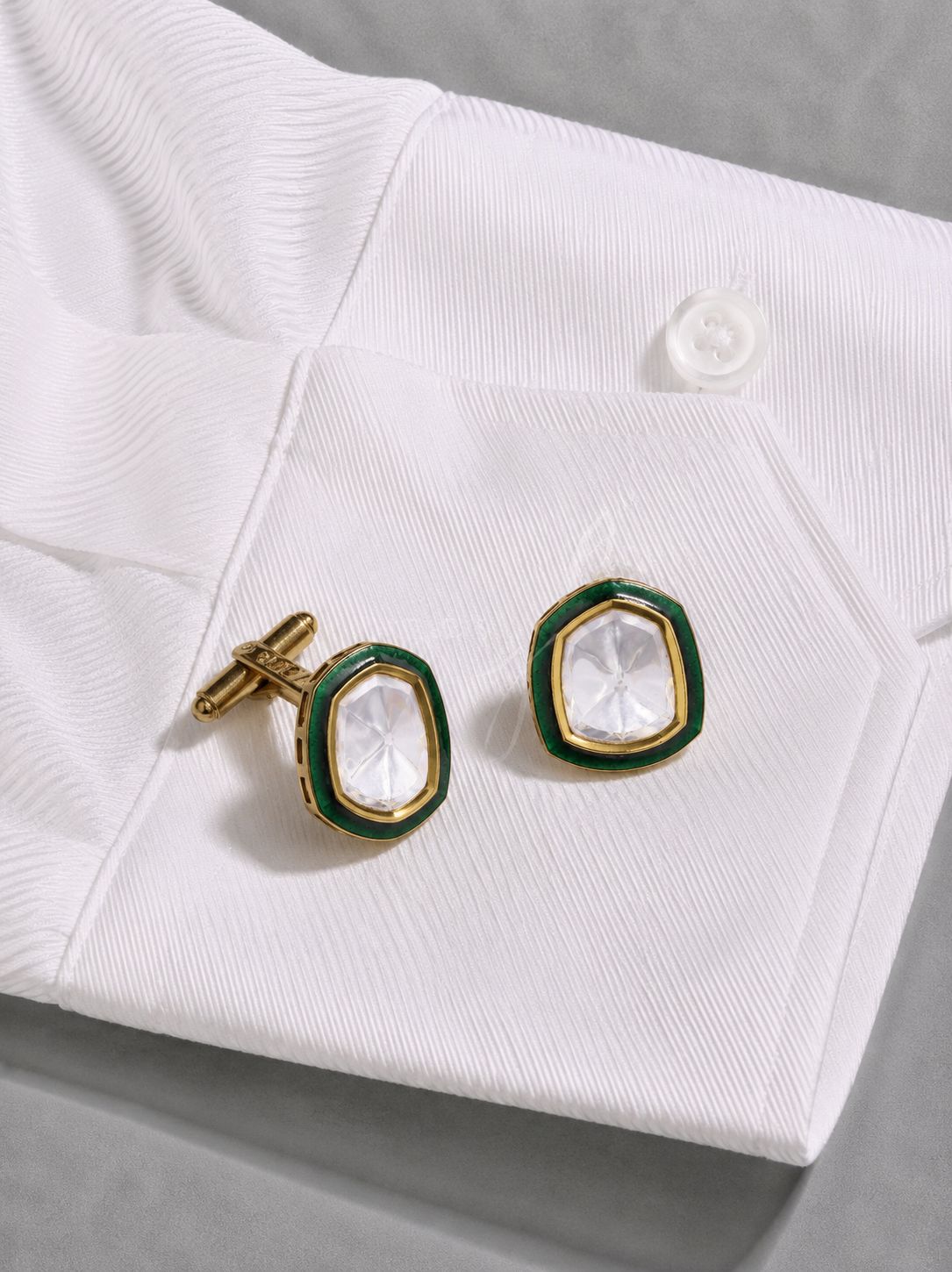 TOJ Everyday - Emerald Green Enamel Gold Finish Polki Mens Cufflinks