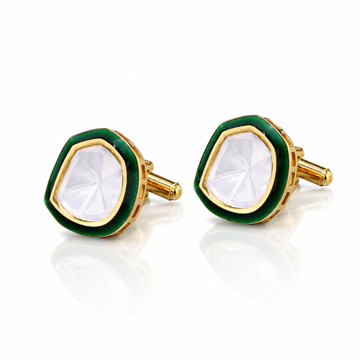 TOJ Everyday - Emerald Green Enamel Gold Finish Polki Mens Cufflinks