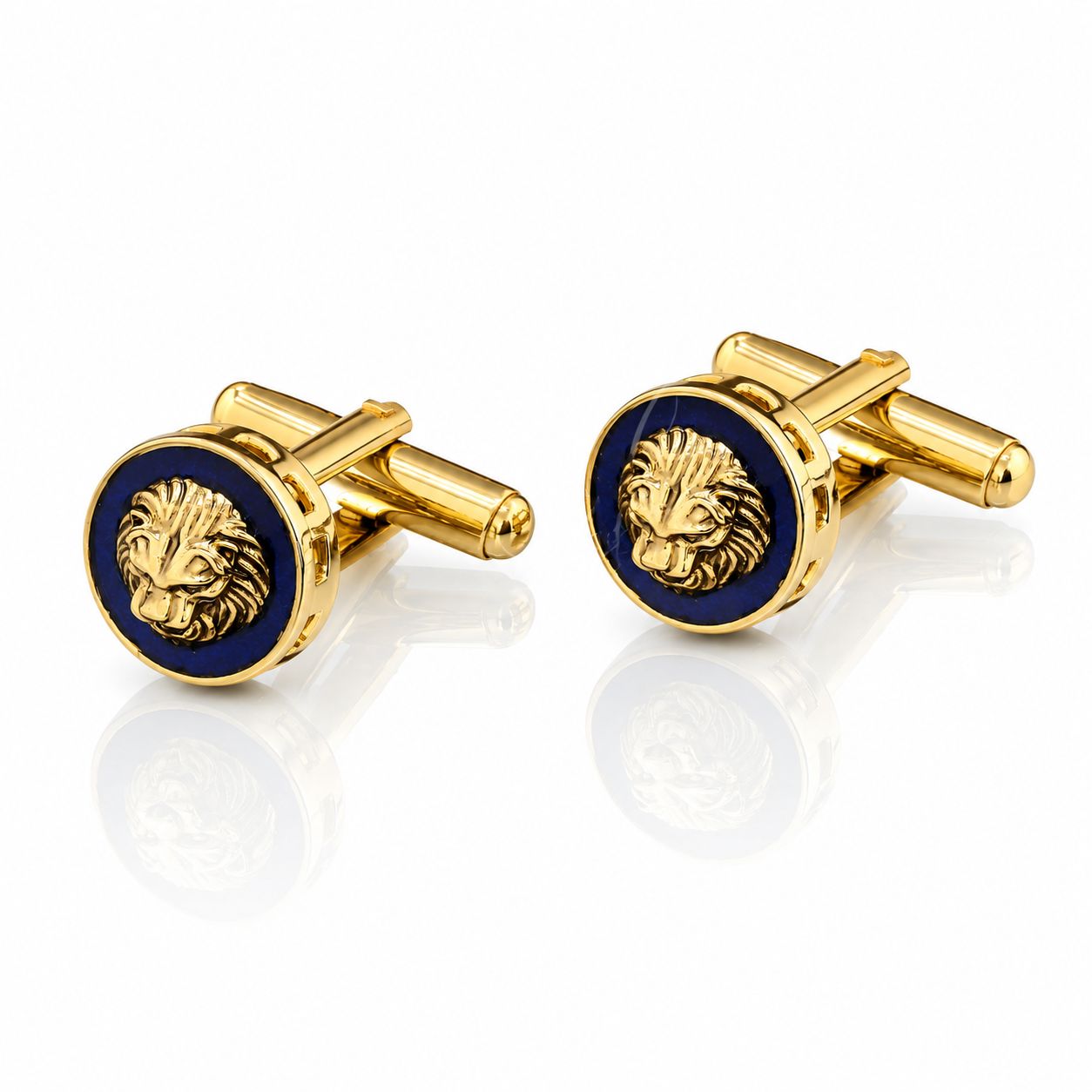TOJ Everyday - Navy Blue Enamel Gold Finish Lion Face Cufflink Pair