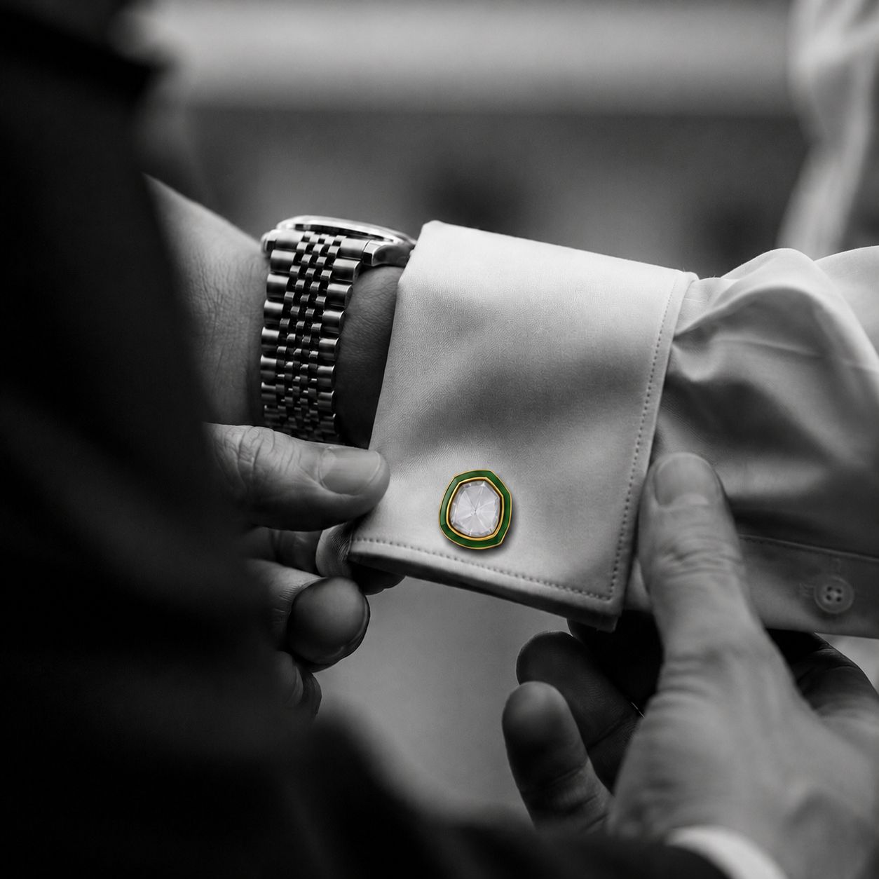 TOJ Everyday - Emerald Green Enamel Gold Finish Polki Mens Cufflinks