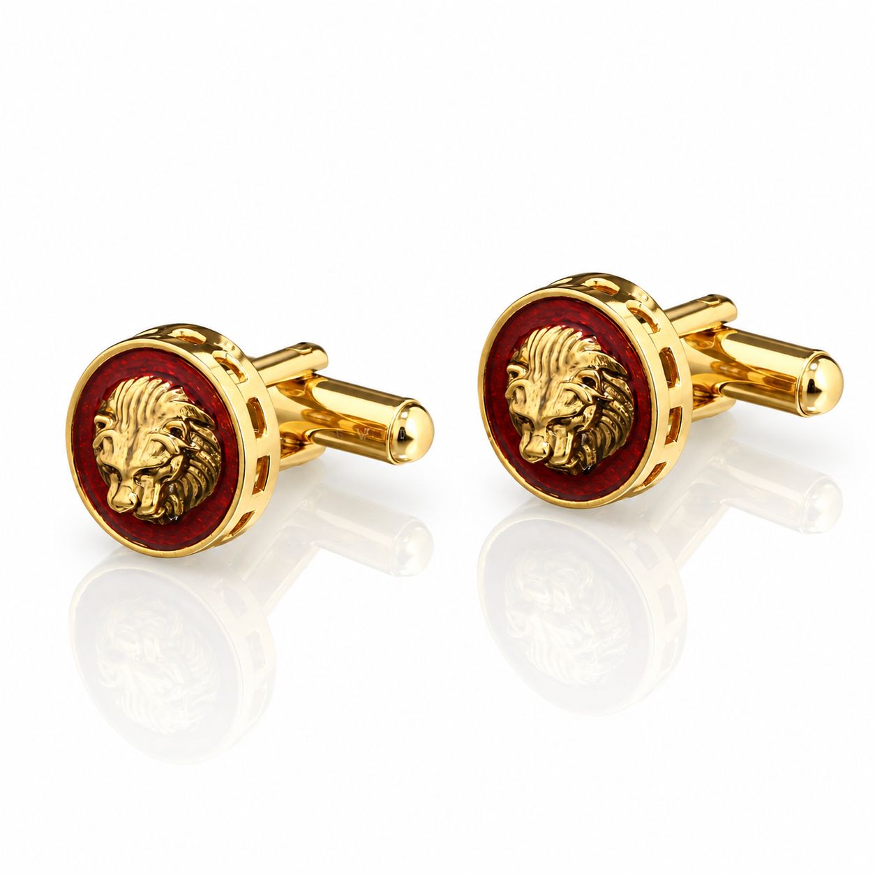 TOJ Everyday - Red Enamel Lion Face Gold Finish Mens Cufflink Pair