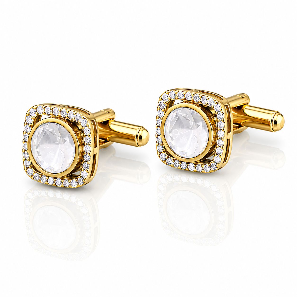 TOJ Everyday - Square Gold Finish Polki Diamond Mens Cufflink with Diamond Cluster
