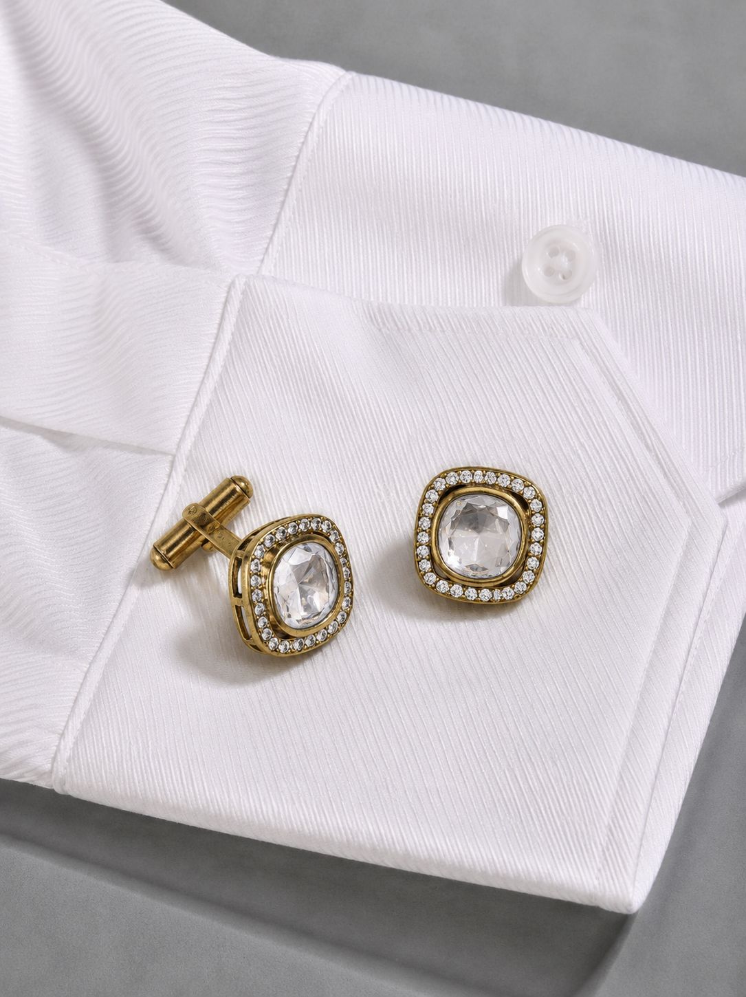 TOJ Everyday - Square Gold Finish Polki Diamond Mens Cufflink with Diamond Cluster
