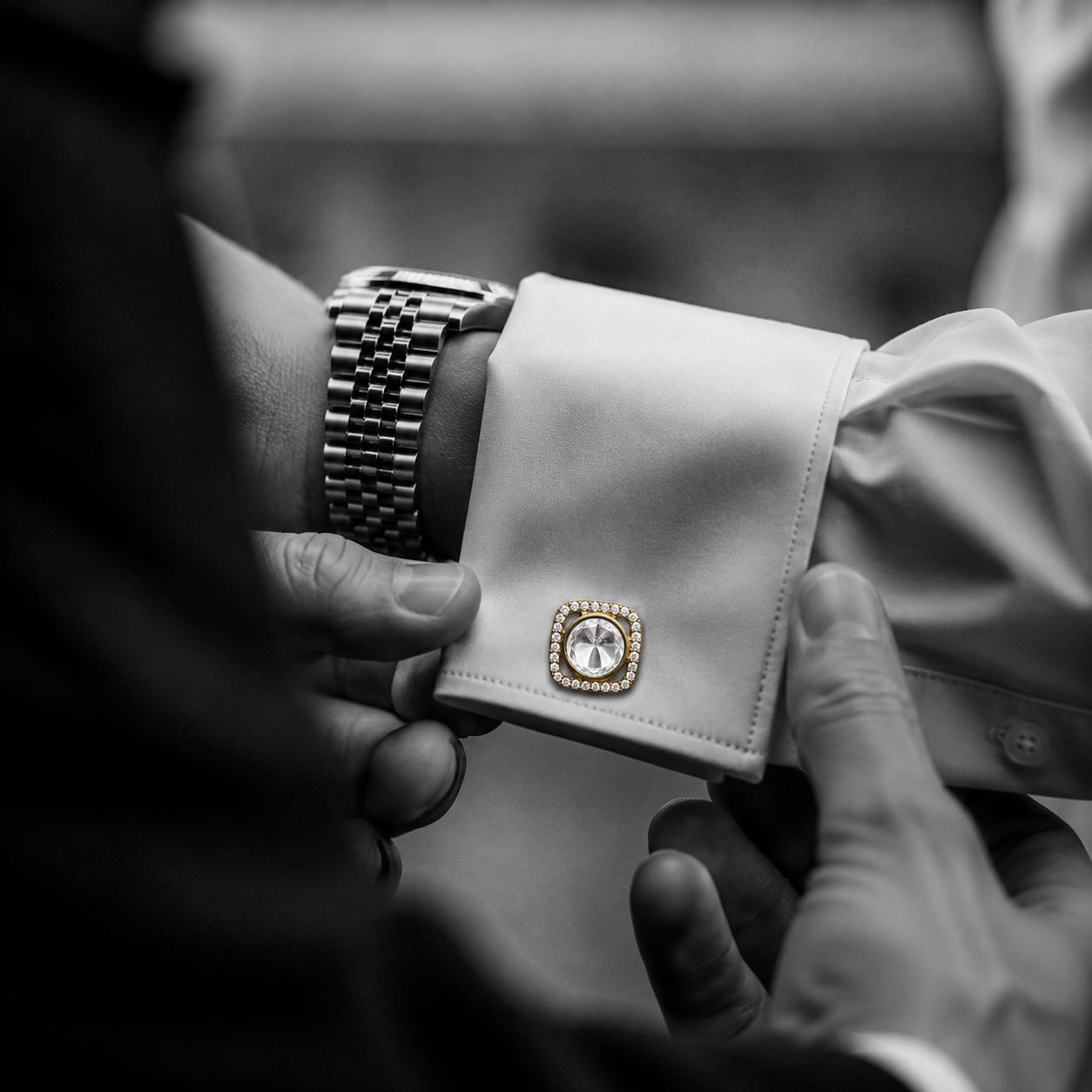 TOJ Everyday - Square Gold Finish Polki Diamond Mens Cufflink with Diamond Cluster