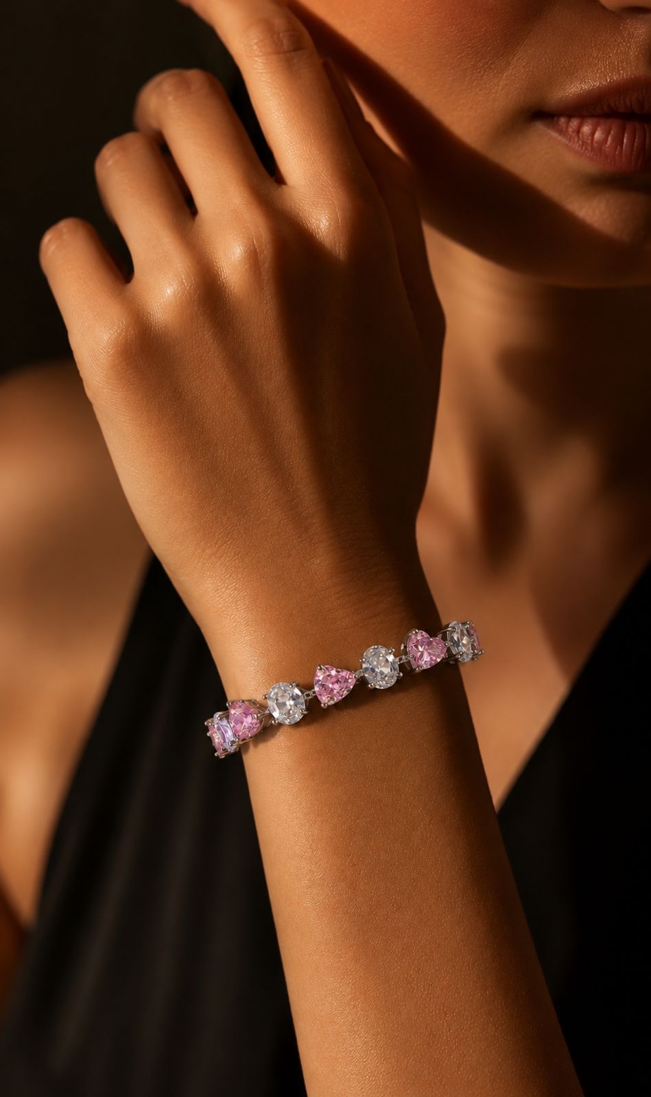 TOJ Everyday - Pink Heart and Oval Cut Solitaire Anti Tarnish Womens Tennis Bracelet