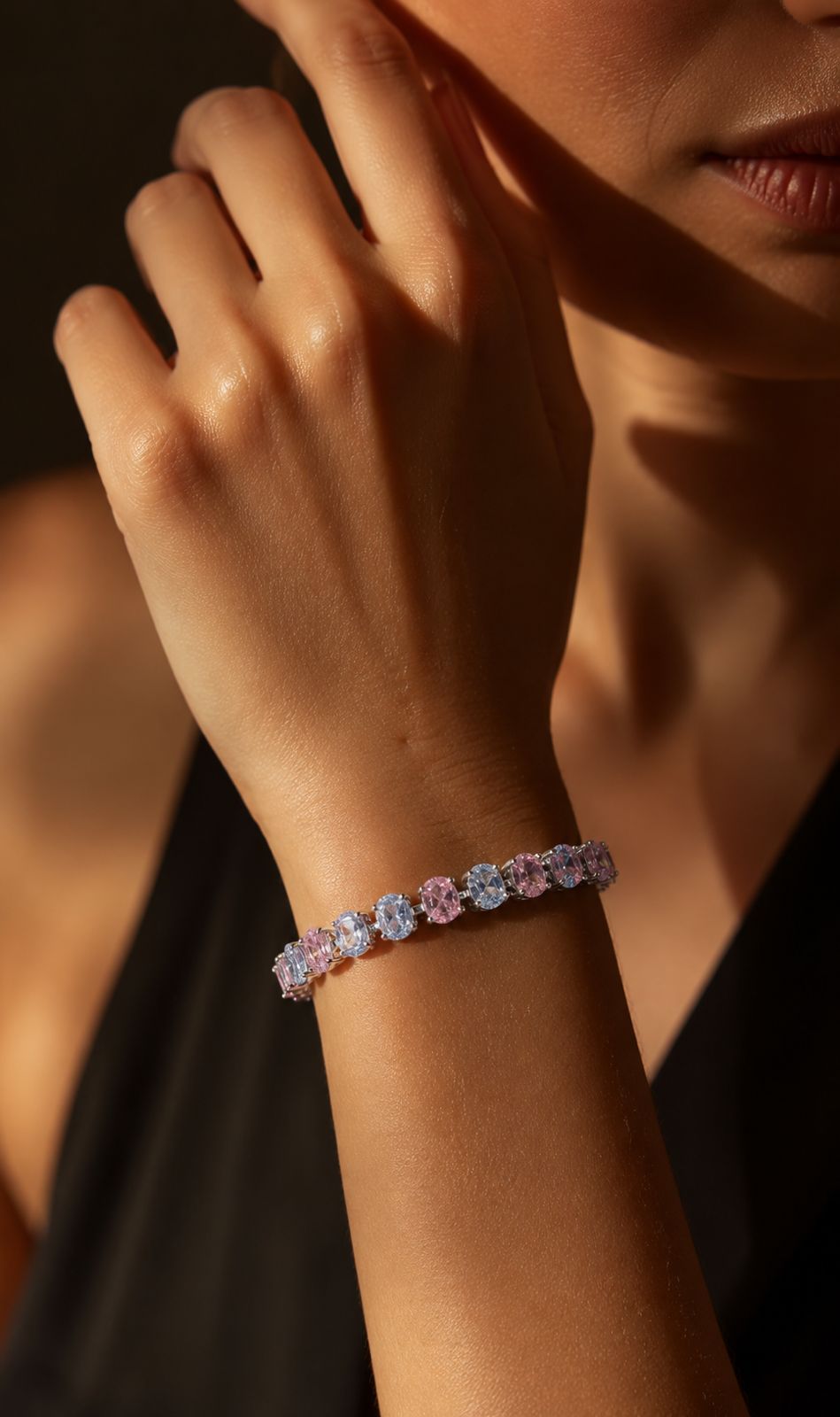 TOJ Everyday - Pink and White Diamond Oval Cut Solitaire Anti Tarnish Tennis Bracelet for Women