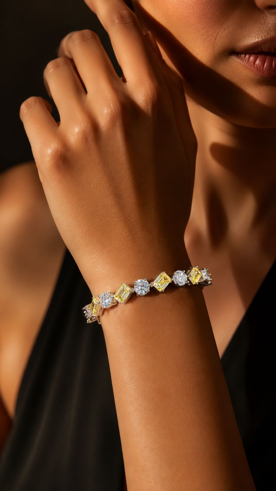 TOJ Everyday - Yellow Diamond Emerald Cut and Round Cut Solitaire Diamond Anti Tarnish Tennis Bracelet for Women