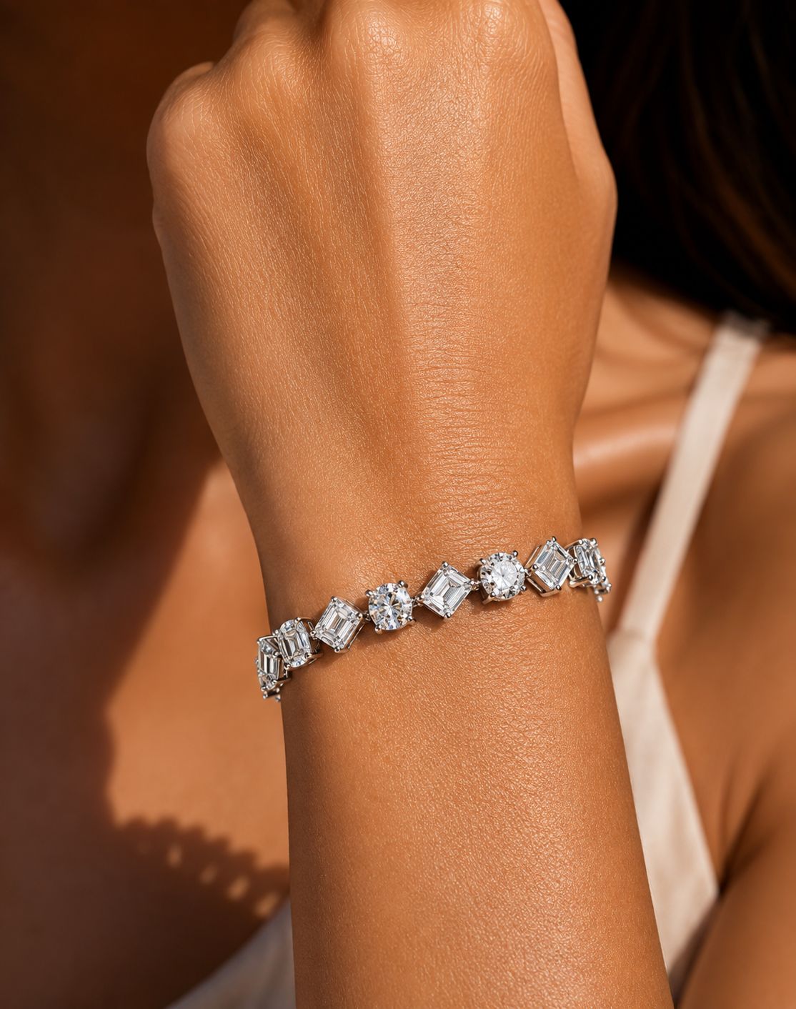 TOJ Everyday - Round Cut and Emerald Cut Solitaire Diamond Anti Tarnish Tennis Bracelet for Women