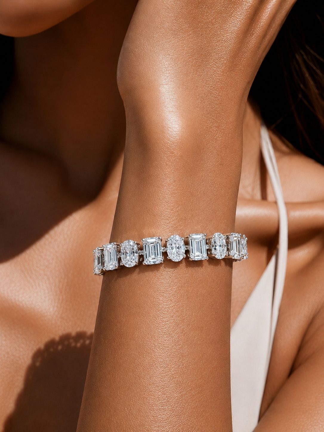 TOJ Everyday - Oval Cut and Emerald Cut Solitaire Diamond Anti Tarnish Tennis Bracelet for Women
