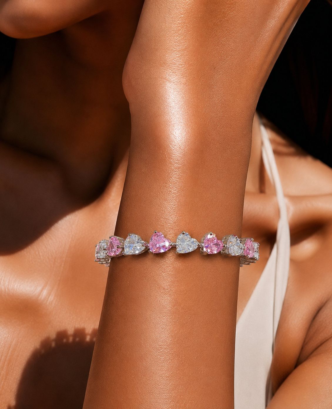 TOJ Everyday - Pink and White Heart Solitaire Diamond Anti Tarnish Tennis Bracelet for Women