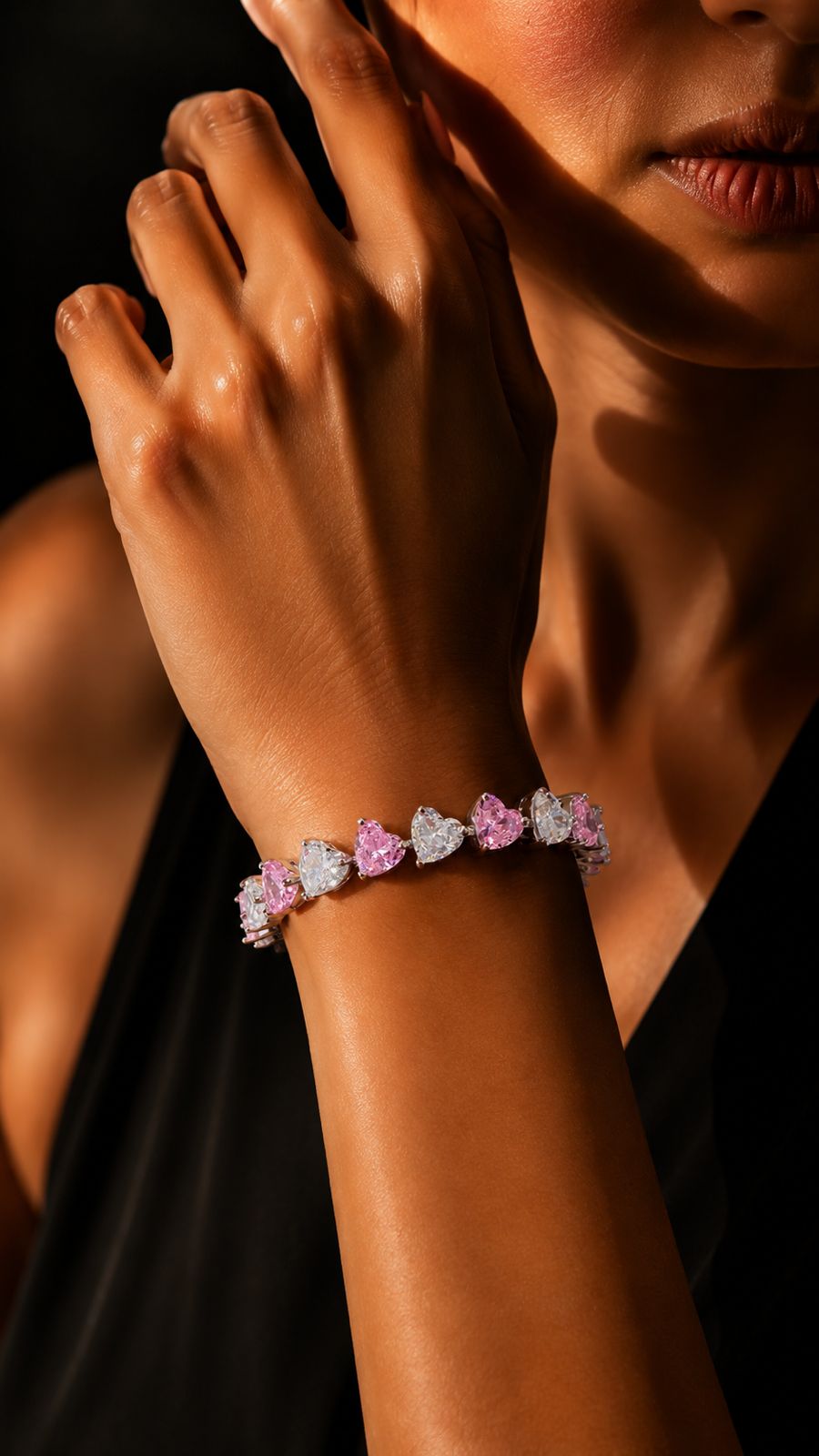 TOJ Everyday - Pink and White Heart Solitaire Diamond Anti Tarnish Tennis Bracelet for Women