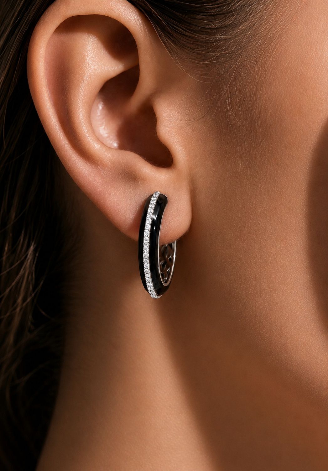 TOJ Everyday - Premium Diamond Studded Black Enamel Women’s Hoop Earrings