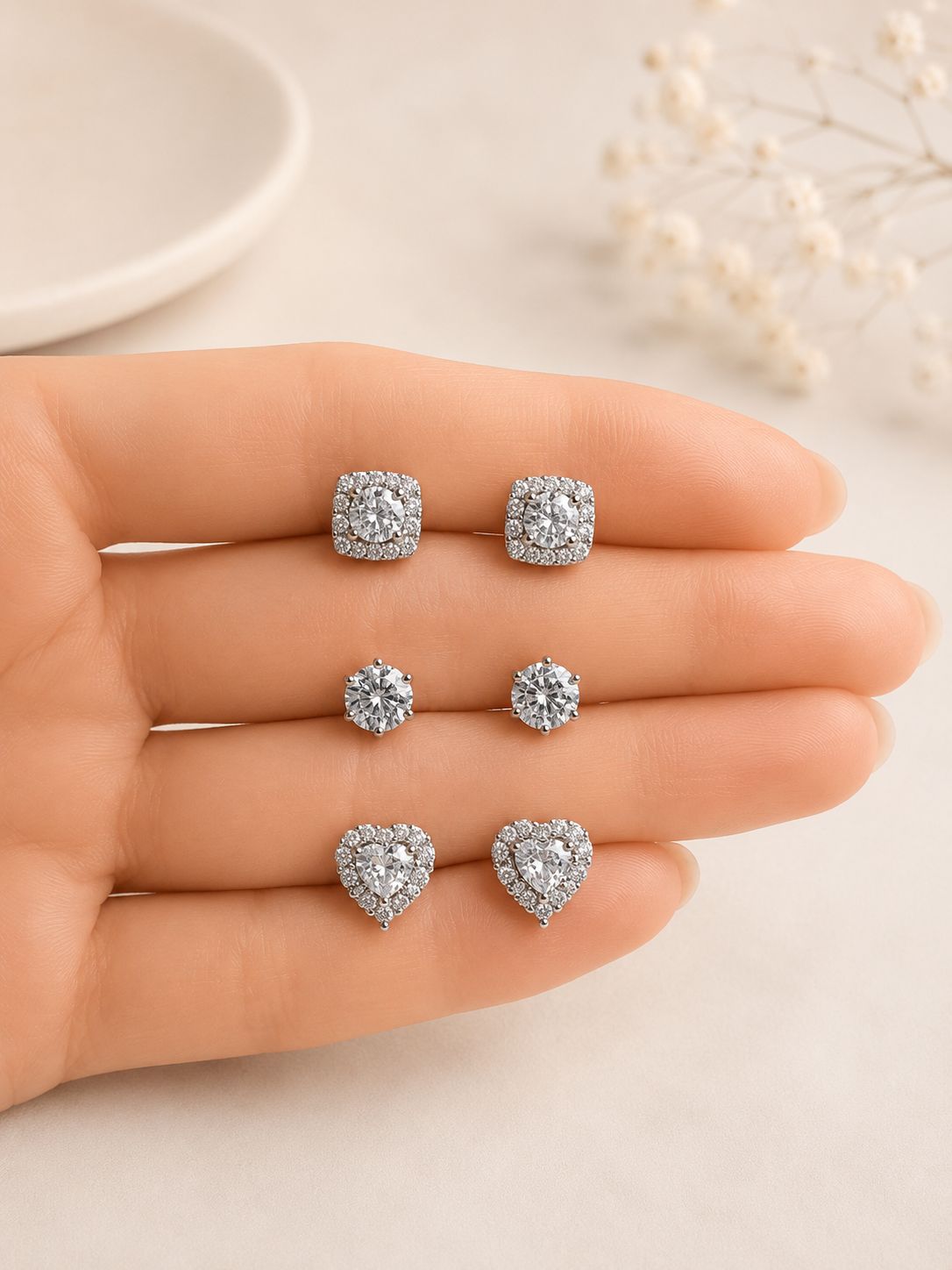 Combo of 3 925 Silver Pairs - Square Halo, Mini Solitaire and Heart Solitaire Studs