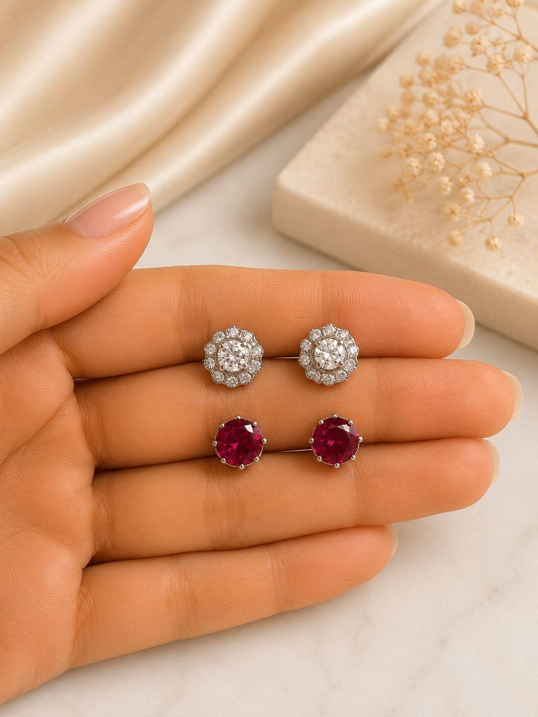 Combo of 5 925 Silver Pairs - White Diamond Floral and Red Ruby Studs