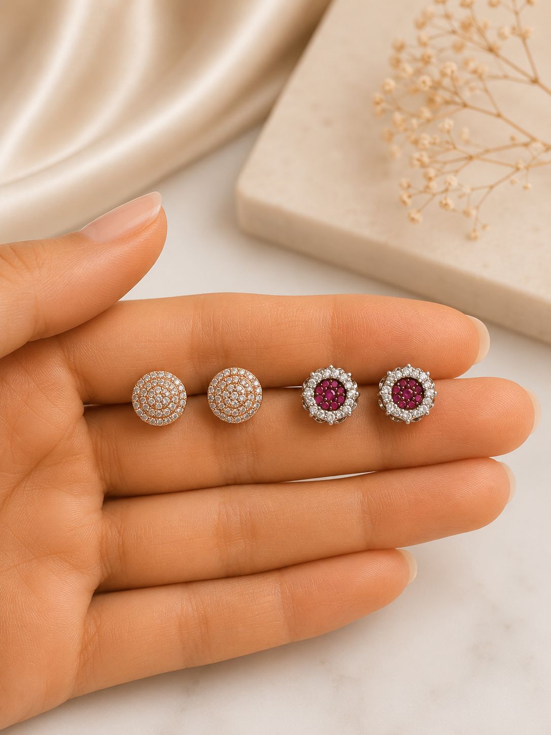 Combo of 6 925 Silver Pairs - Rose Gold Round and Ruby With White American Studs