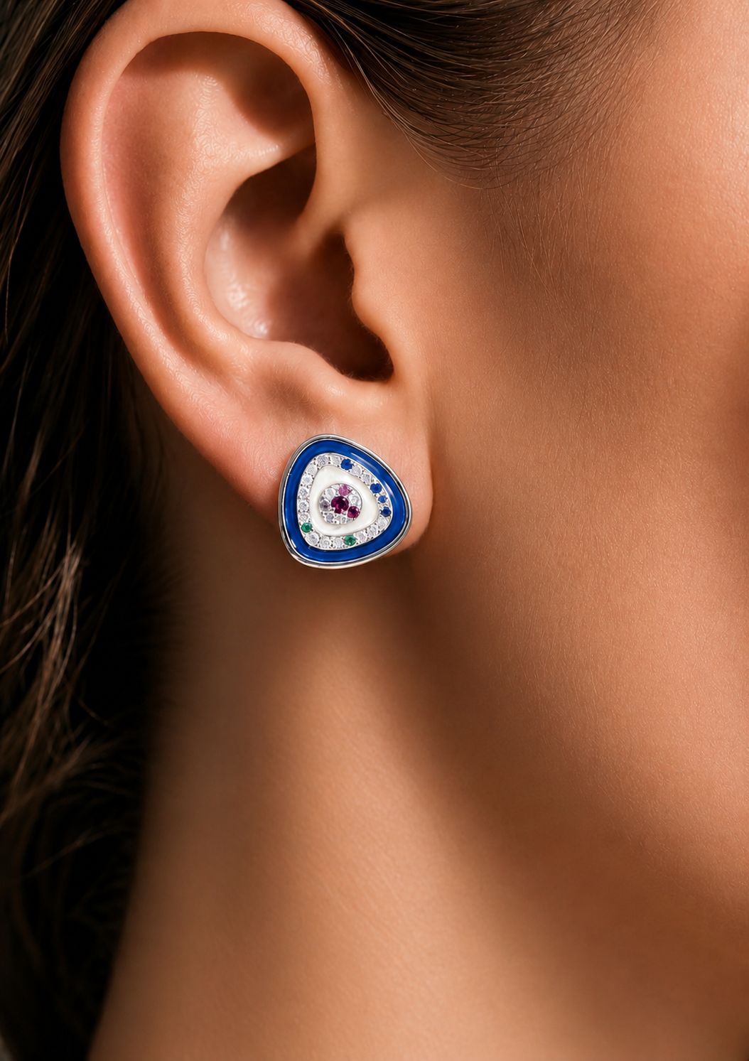 Blue Enamel Rainbow Evil Eye Stud on Pure 925 Silver