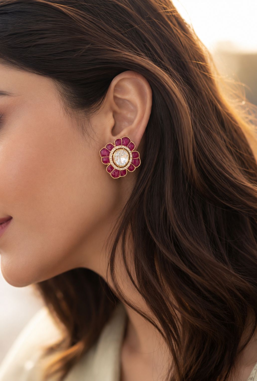 Pure Silver 2 Carat Polki Pair with Intricate Ruby Petals