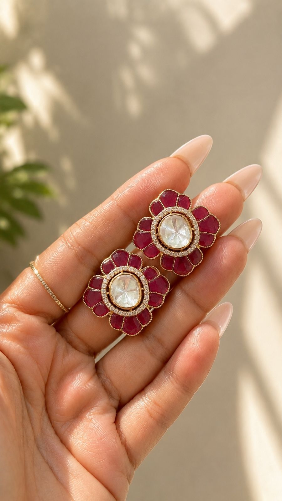 Pure Silver 2 Carat Polki Pair with Intricate Ruby Petals