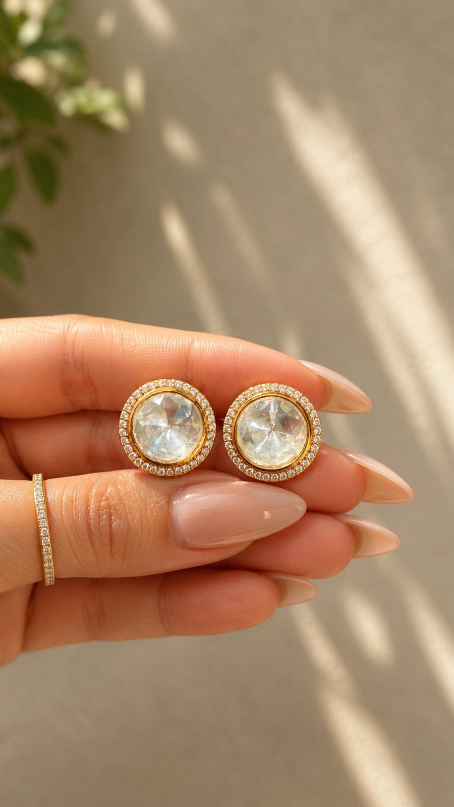 4 Carat Polki Solitaire Pair in Gold Finish on Pure 925 Silver