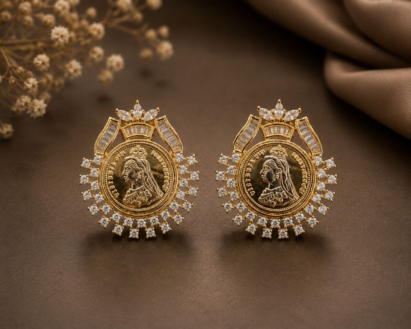 TOJ Everyday -  Gold Finish Ginni Gold Coin Earrings with CZ Diamonds
