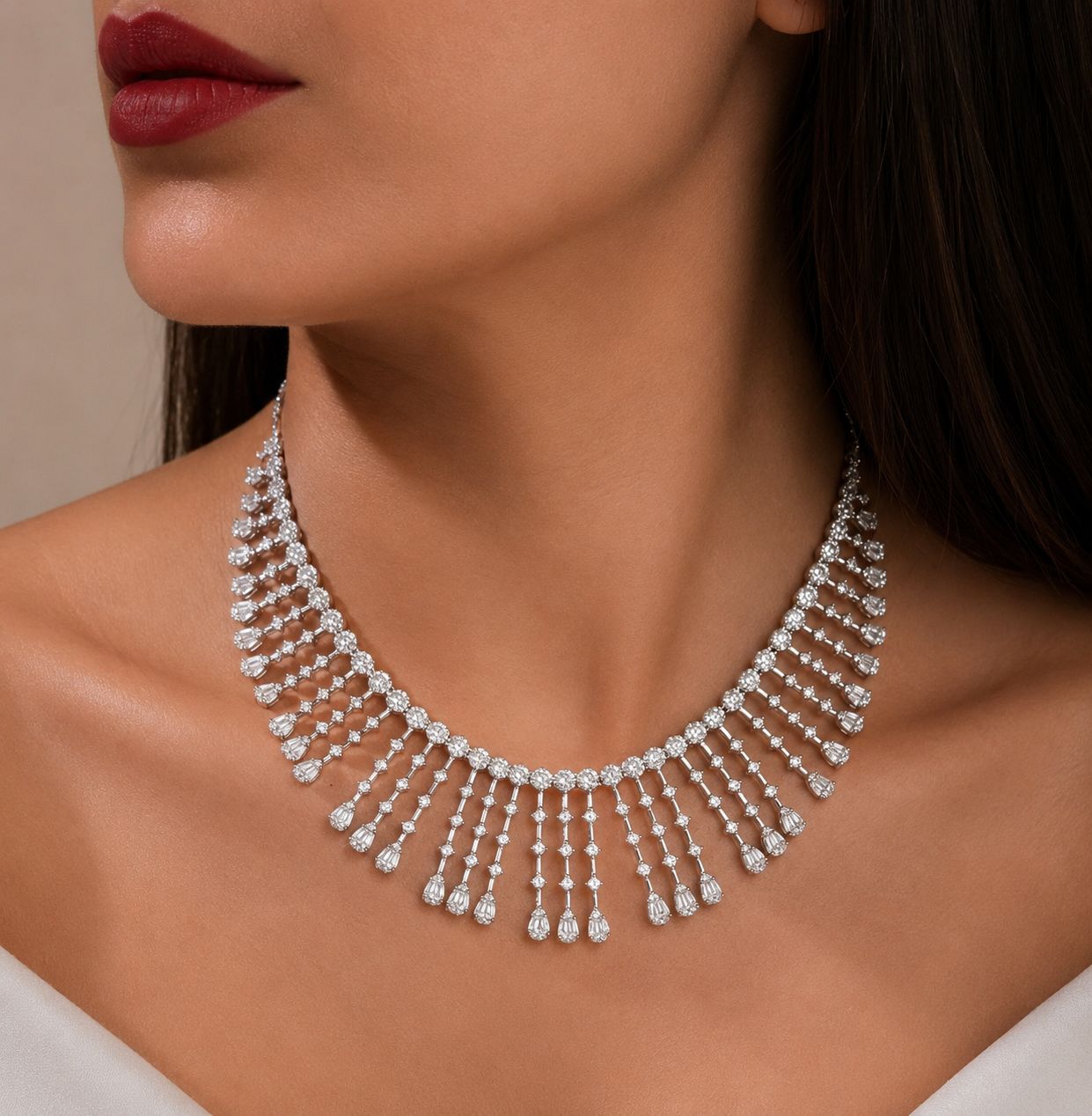 Twenty One Jewels 925 Silver American Diamond Bridal Necklace Set with Earrings | Luxury Wedding & Cocktail Jewellery Set