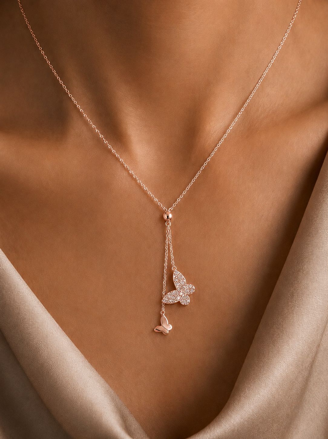 Twenty One Jewels 925 Silver Rose Gold Butterfly Lariat Necklace for Women | 925 Silver CZ Butterfly Y Necklace
