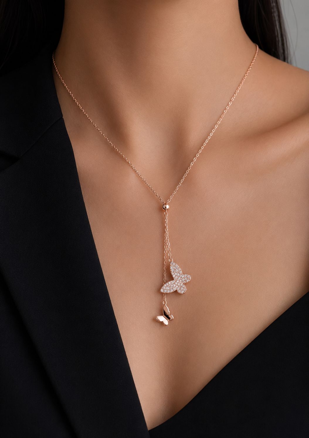 Twenty One Jewels 925 Silver Rose Gold Butterfly Lariat Necklace for Women | 925 Silver CZ Butterfly Y Necklace