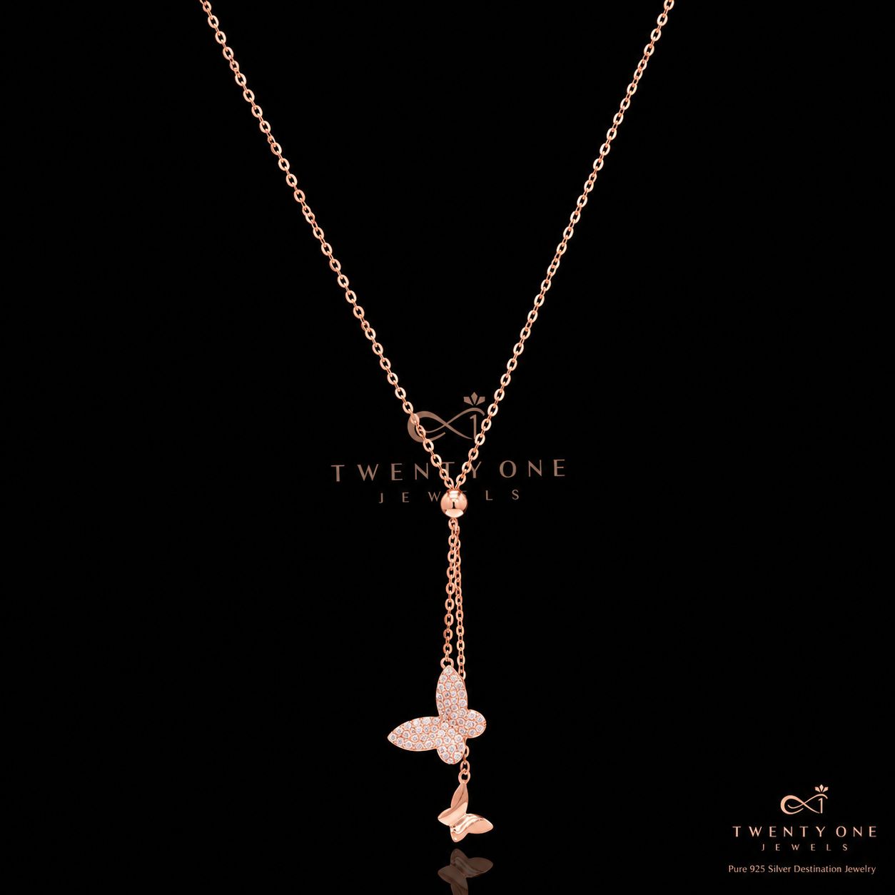 Twenty One Jewels 925 Silver Rose Gold Butterfly Lariat Necklace for Women | 925 Silver CZ Butterfly Y Necklace