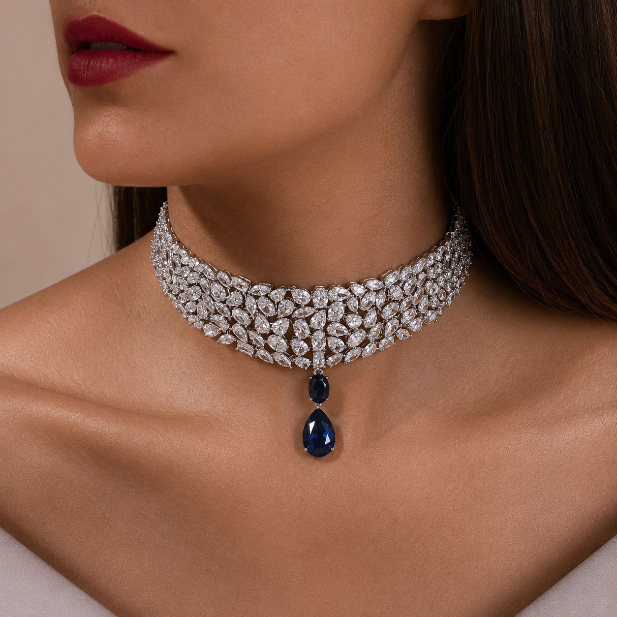 TOJ Everyday - 5 Line Multi Solitaire Premium Blue Drop Choker Necklace Set
