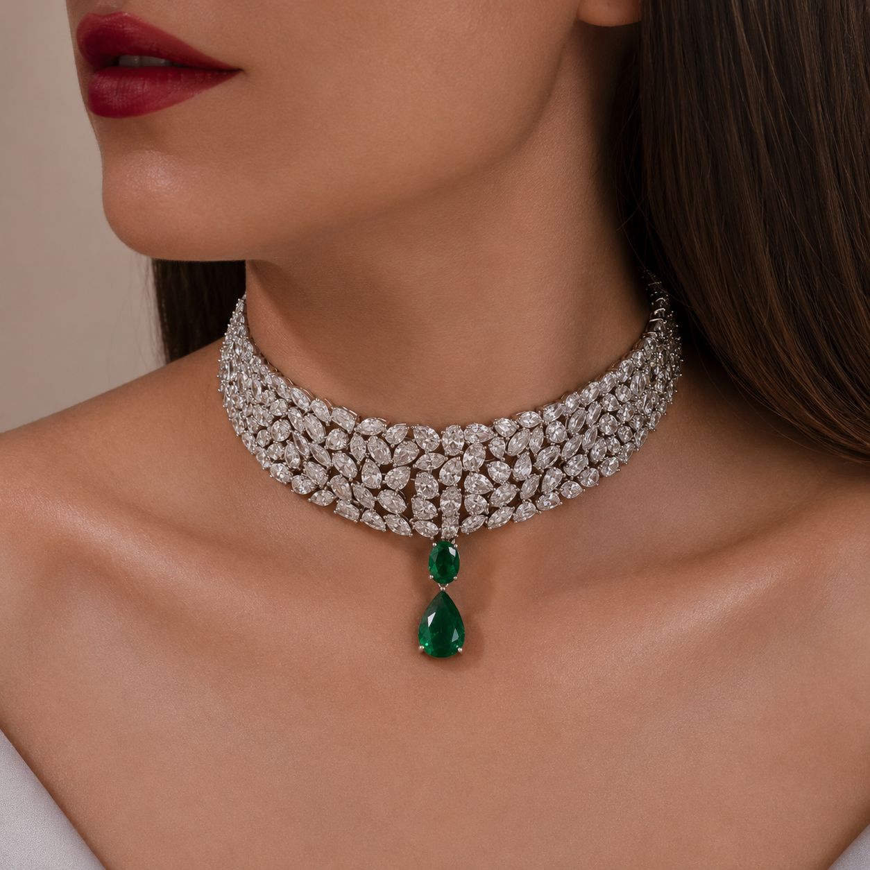 TOJ Everyday - 5 Line Multi Solitaire Premium Green Emerald Drop Choker Necklace Set