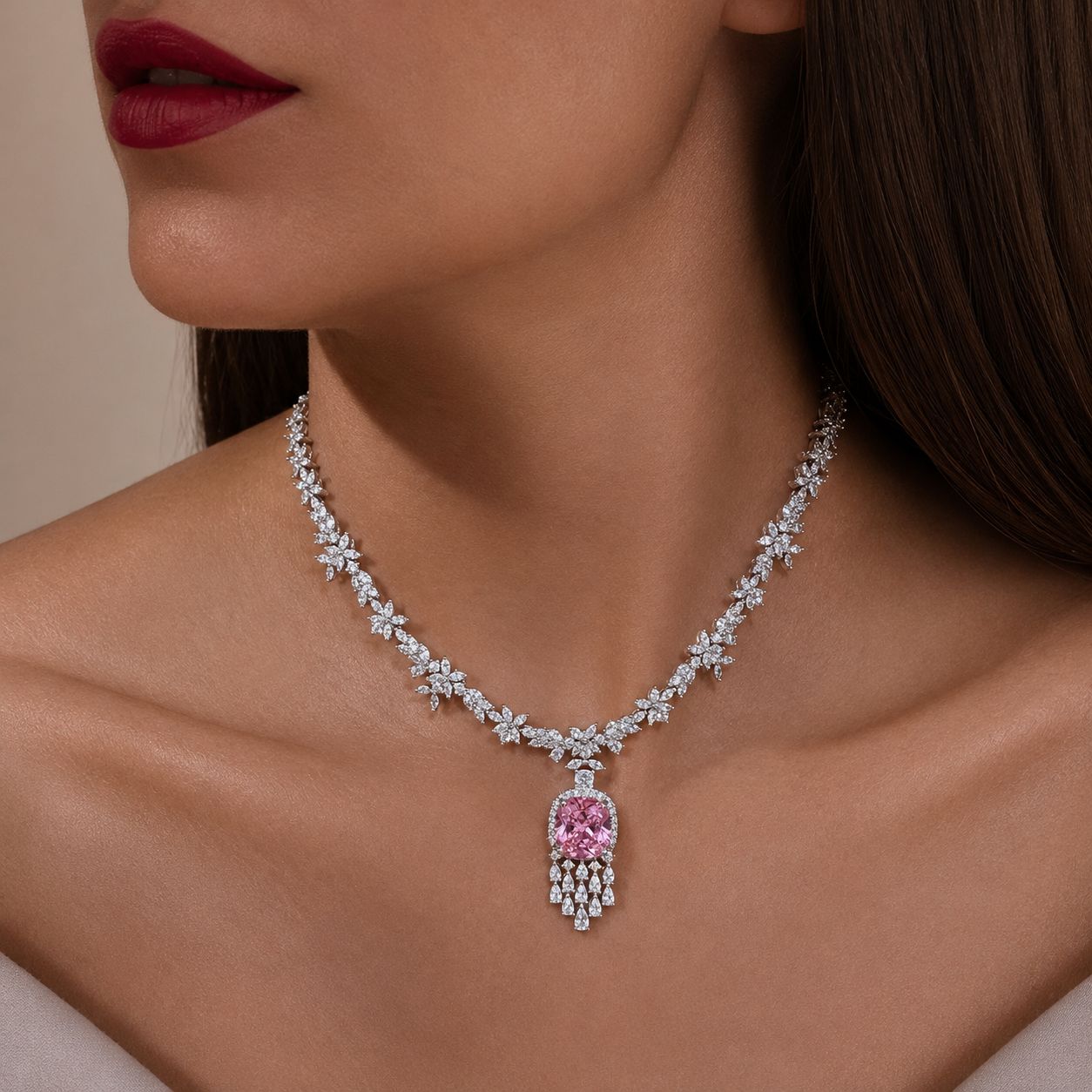 TOJ Everyday - Crystal Pink Cushion and Fancy Diamond Bridal Wedding Necklace Set with Earrings