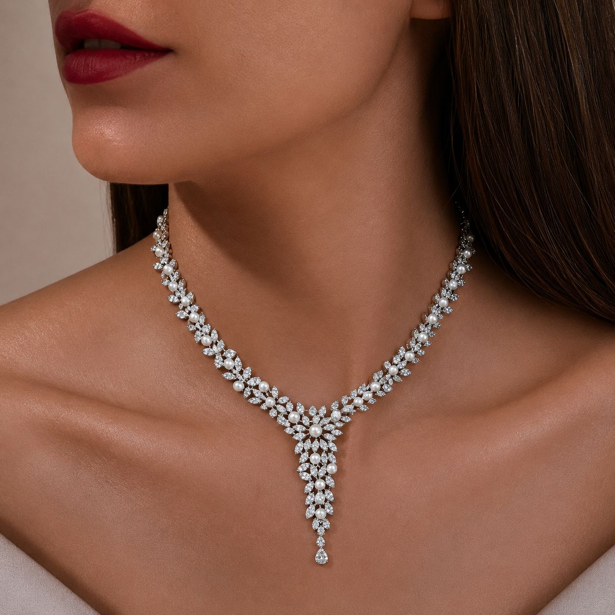 TOJ Everyday - Classic White Pearl and Diamond Cocktail Necklace Set with Earrings