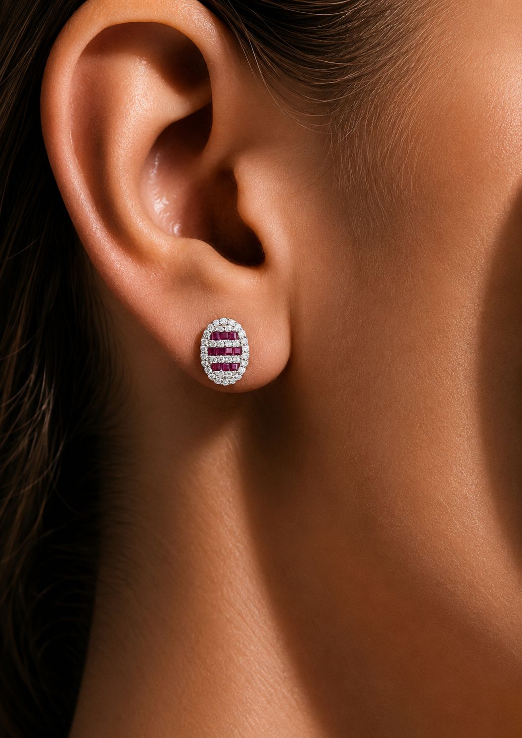 Pure 925 Silver Oval Diamond Stud Earrings with Ruby Baguettes
