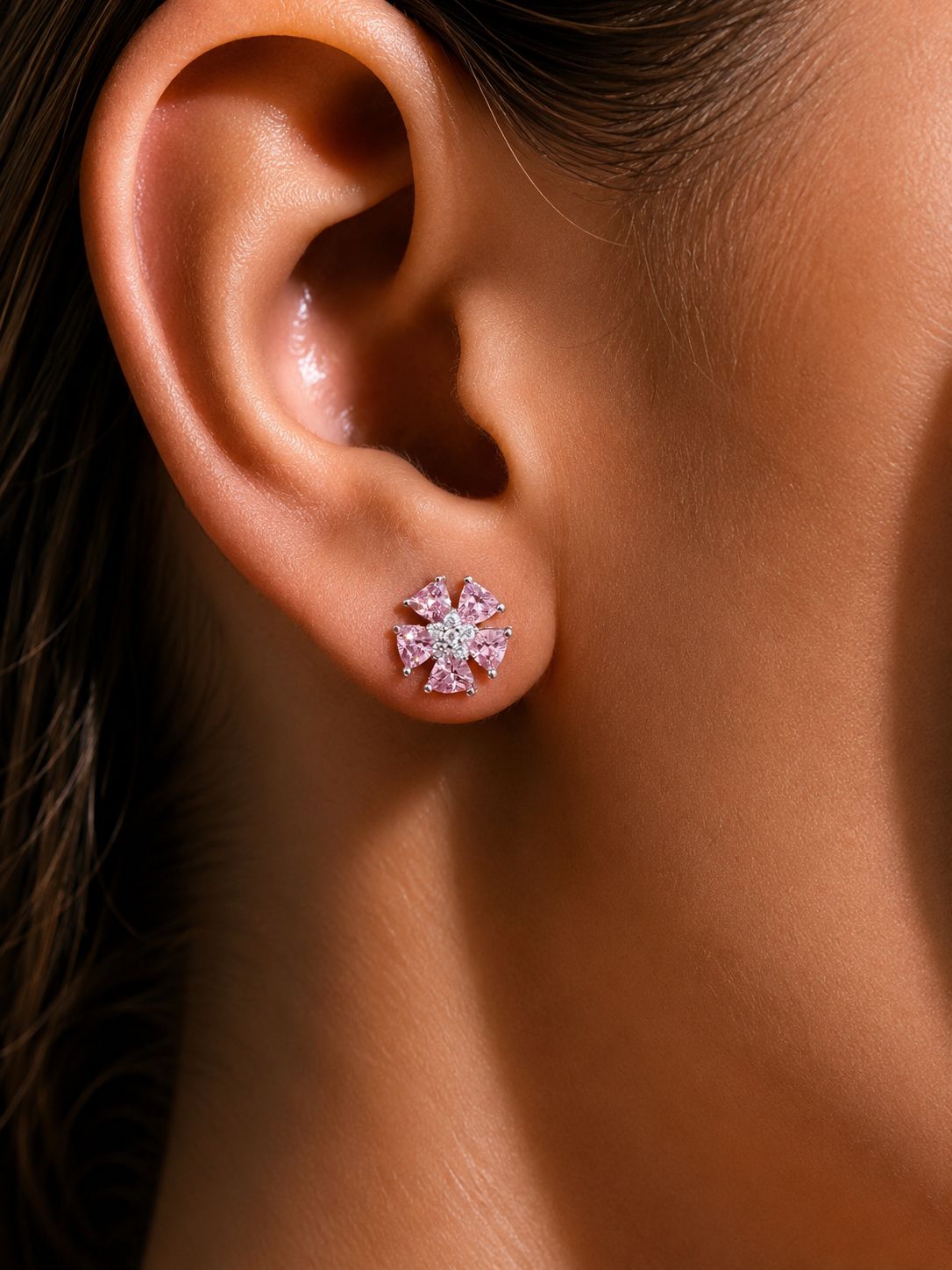 5 Petal Pink Trillion Cut Solitaire Floral Studs on Pure 925 Silver