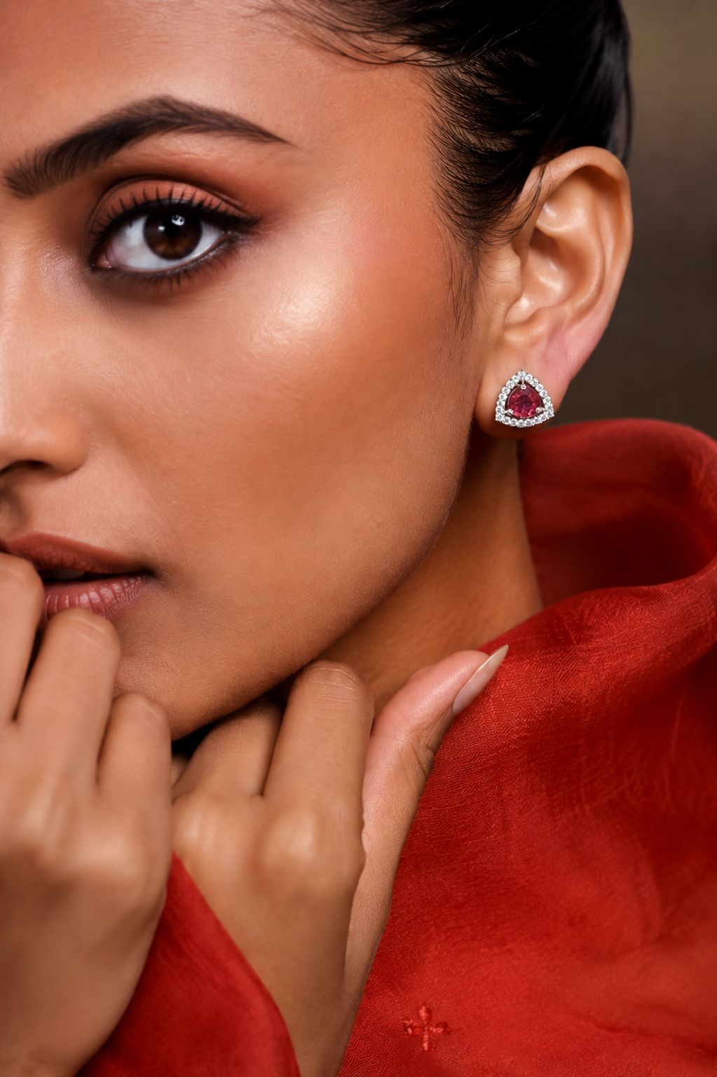 Trillion Cut American Diamond Red Ruby Solitaire Stud Earrings for Women | Anti Tarnish Halo CZ Stud Earrings