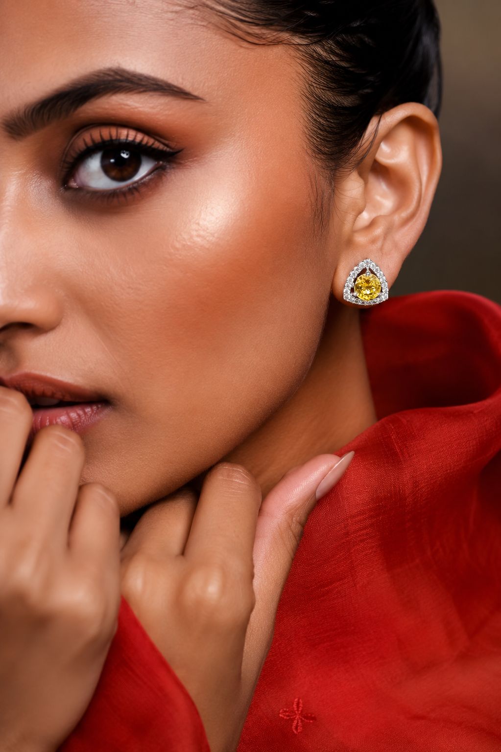 Trillion Cut American Diamond Yellow Solitaire Stud Earrings for Women | Anti Tarnish Halo CZ Stud Earrings